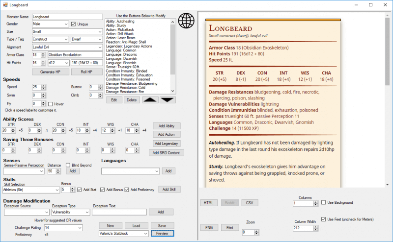 A screenshot of DND Monster Maker when populated with information.