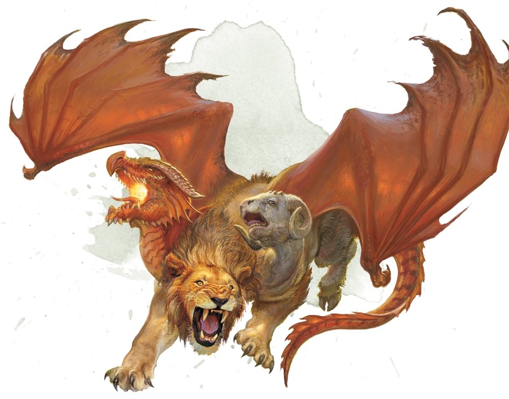 5e chimera artwork. A creature with the head and wings of a red dragon, head and claws of a lion, and head and hooves of a ram