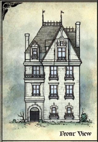A gothic-style drawing of a tall 3-storey manor