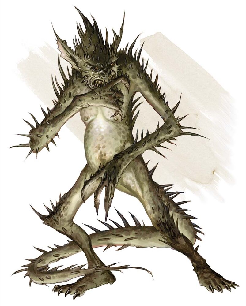 A green impish creature with long spikes protruding from its skin
