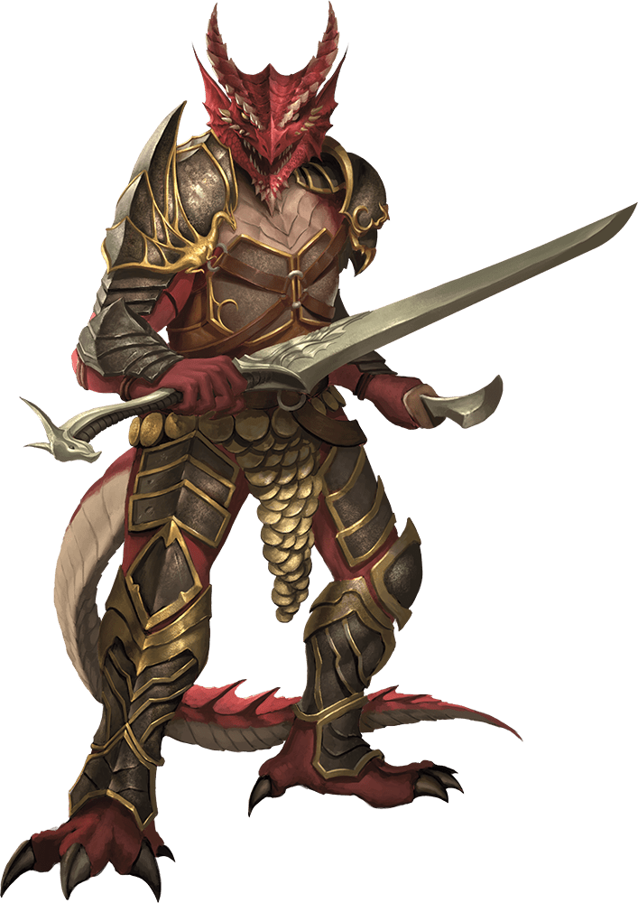 A half-red dragon in full plate armor wielding a longsword and shortsword