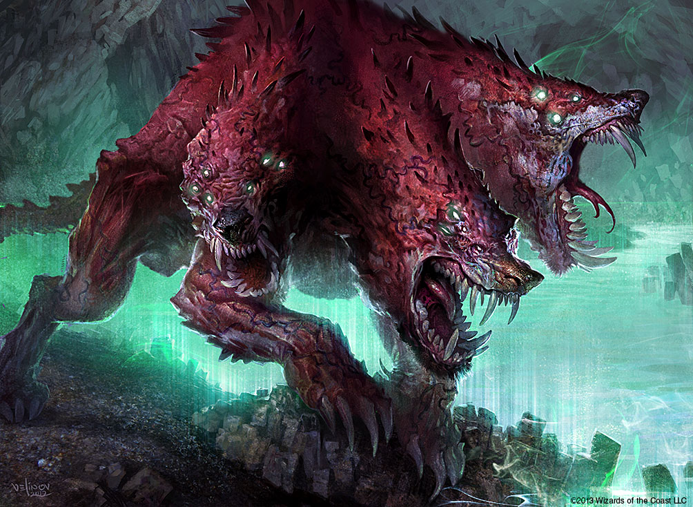 A red, three-headed, dog-looking creature with beady green eyes and sharp teeth