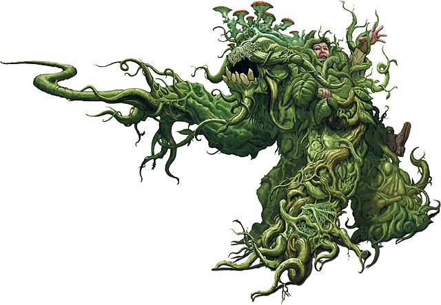 A shambling mound. a pile of green vegetation, vines, etc with an unfortunate adventurer stuck in its body
