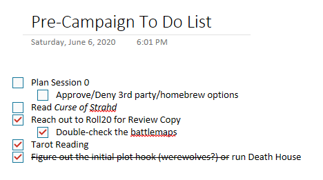 An example of a campaign to do list using OneNote. Each item has sub-tasks and checkboxes for when they're completed