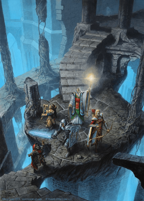 Party exploring an open dungeon.
