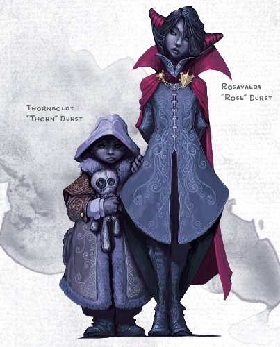 Rose and Thorn Durst. Thorn wears a large coat with a hood up and carries a stuffed skeleton. Rose wears a vampire-like coat and cloak