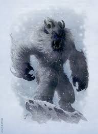 Scary looking yeti with enormous arms and bared fangs in the middle of a blizzard