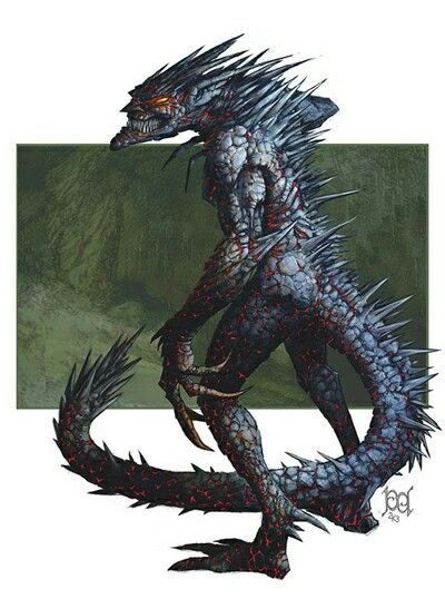 a barbed devil with black, volcanic-looking skin and spikey hair