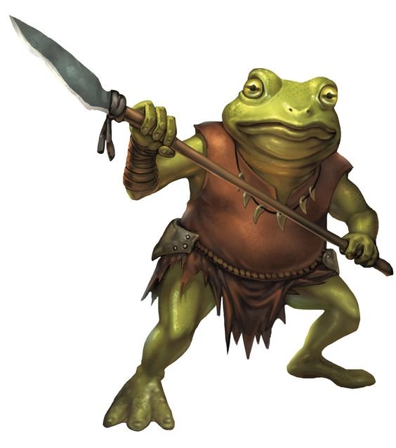 a bullywug with a spear in hand. they're wearing a ripped leather tunic and loincloth and have a necklace of claws