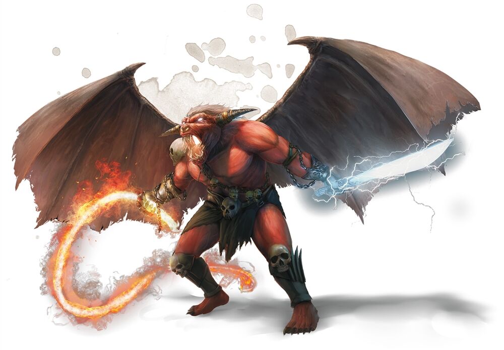 a demon with huge wings and a bull-like face wields a fiery whip and lighting-enchanted longsword