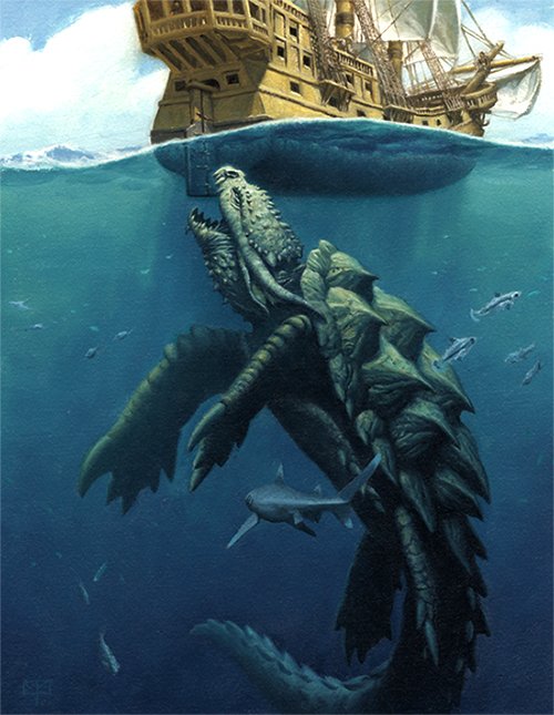 a dragon turtle taking a bite out of a large ship