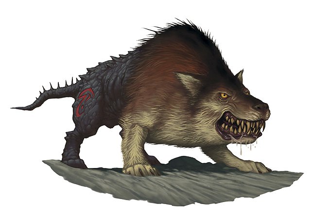 a fat wolf-like creature with some weird blackend stone hindquarters with a red symbol