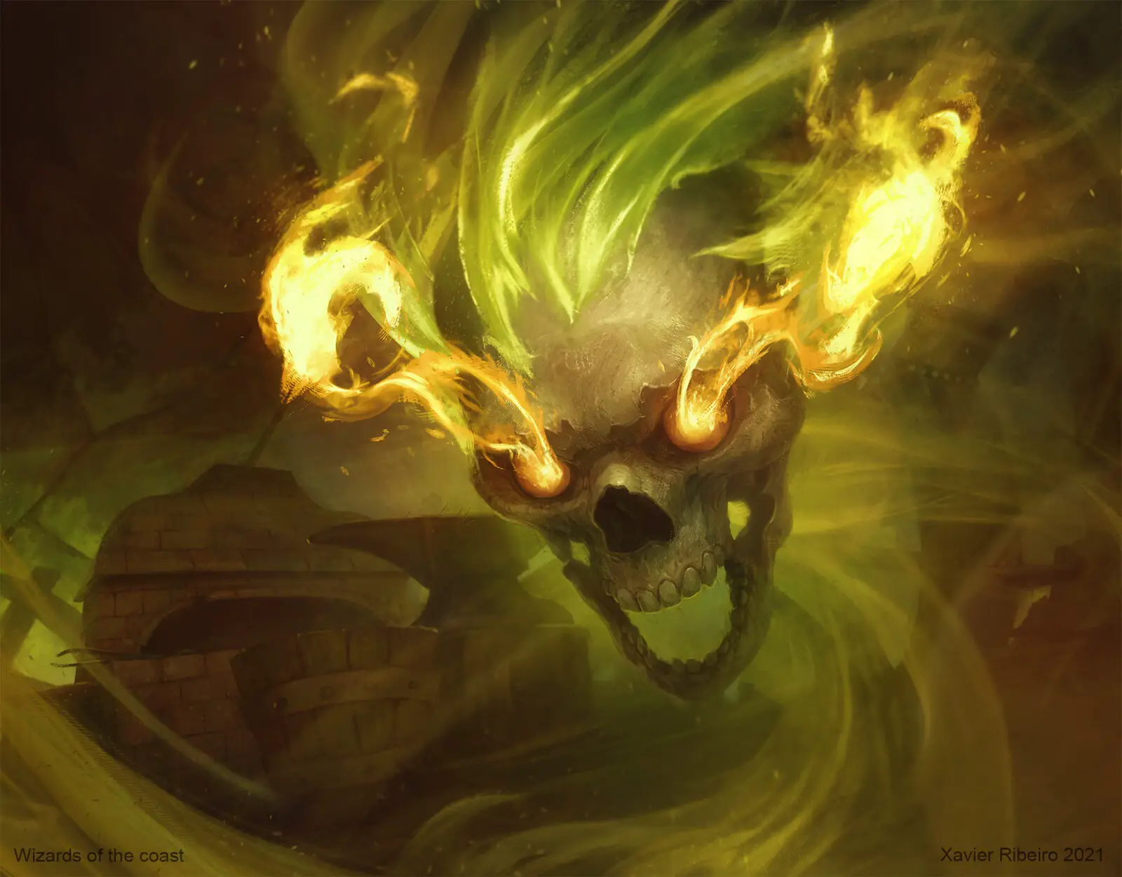 a flaming skull engulfed in yellow-green flames
