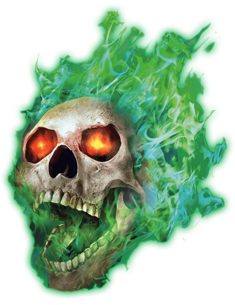 a flaming skull with green flames and orangy-red eyes