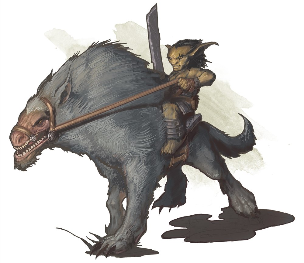 a goblin with a cleaver riding atop a large grey worg with a pale, furless face.
