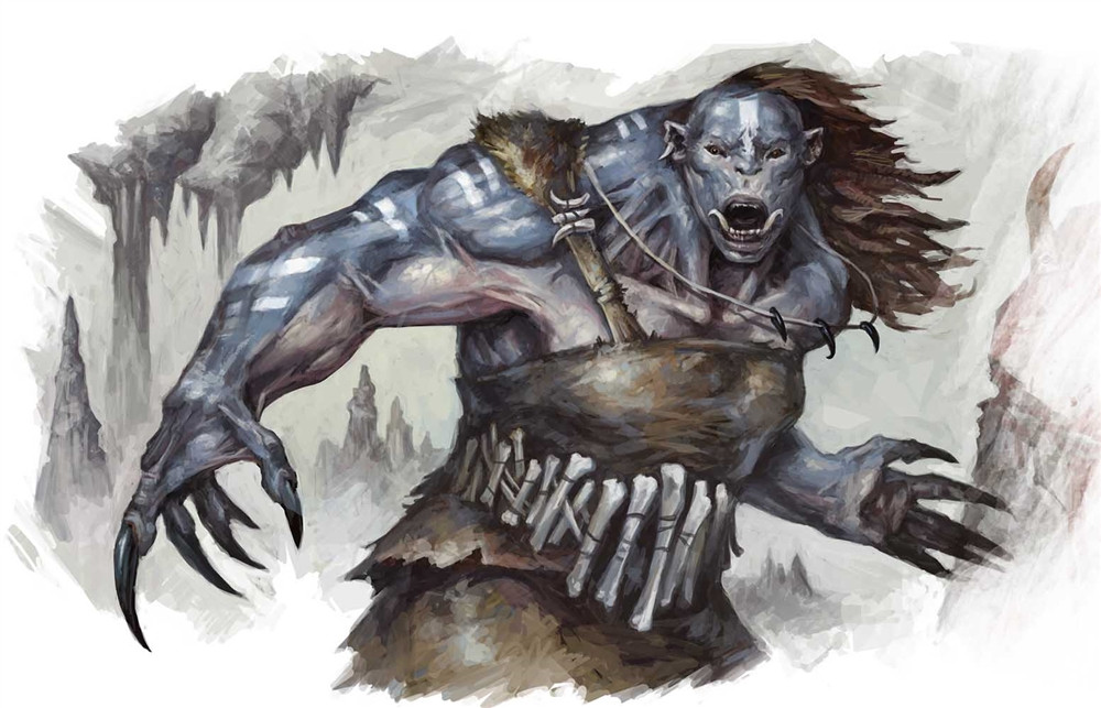 a gray orc wearing a combination of animal skins and leather armor