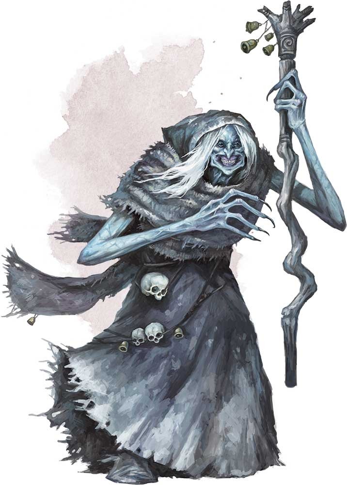 a hag with light-blue skin and a warped gray staff and gray cloak