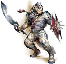 a hobgoblin in a battle stance weilding a longsword and dagger
