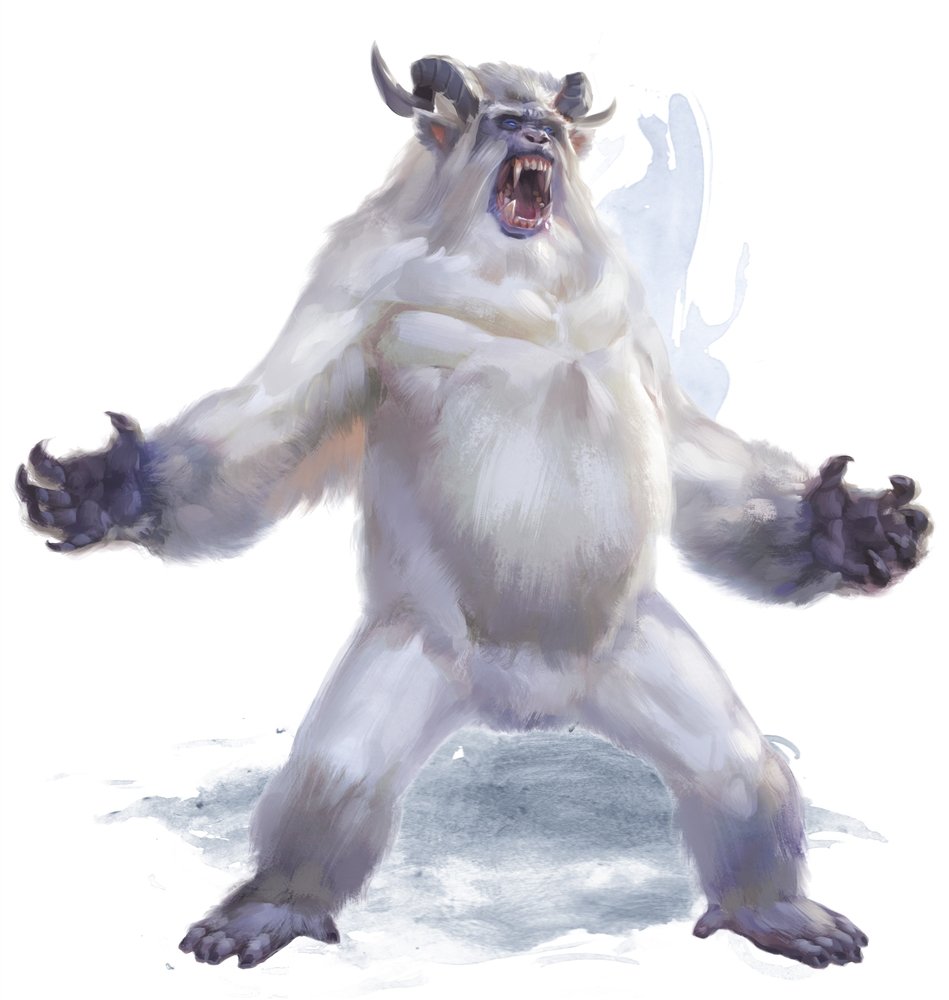 a huge white yeti with curled horns standing in a power pose from the 5e monster manual