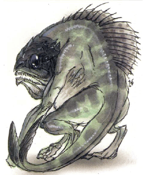 a short fish-like creature that is hunched over on all fours. It has a spiny fin on its back and a long tail