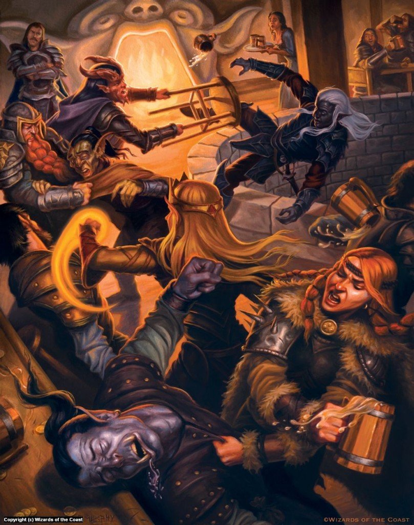 a tavern brawl scene from Tales from the Yawning Portal