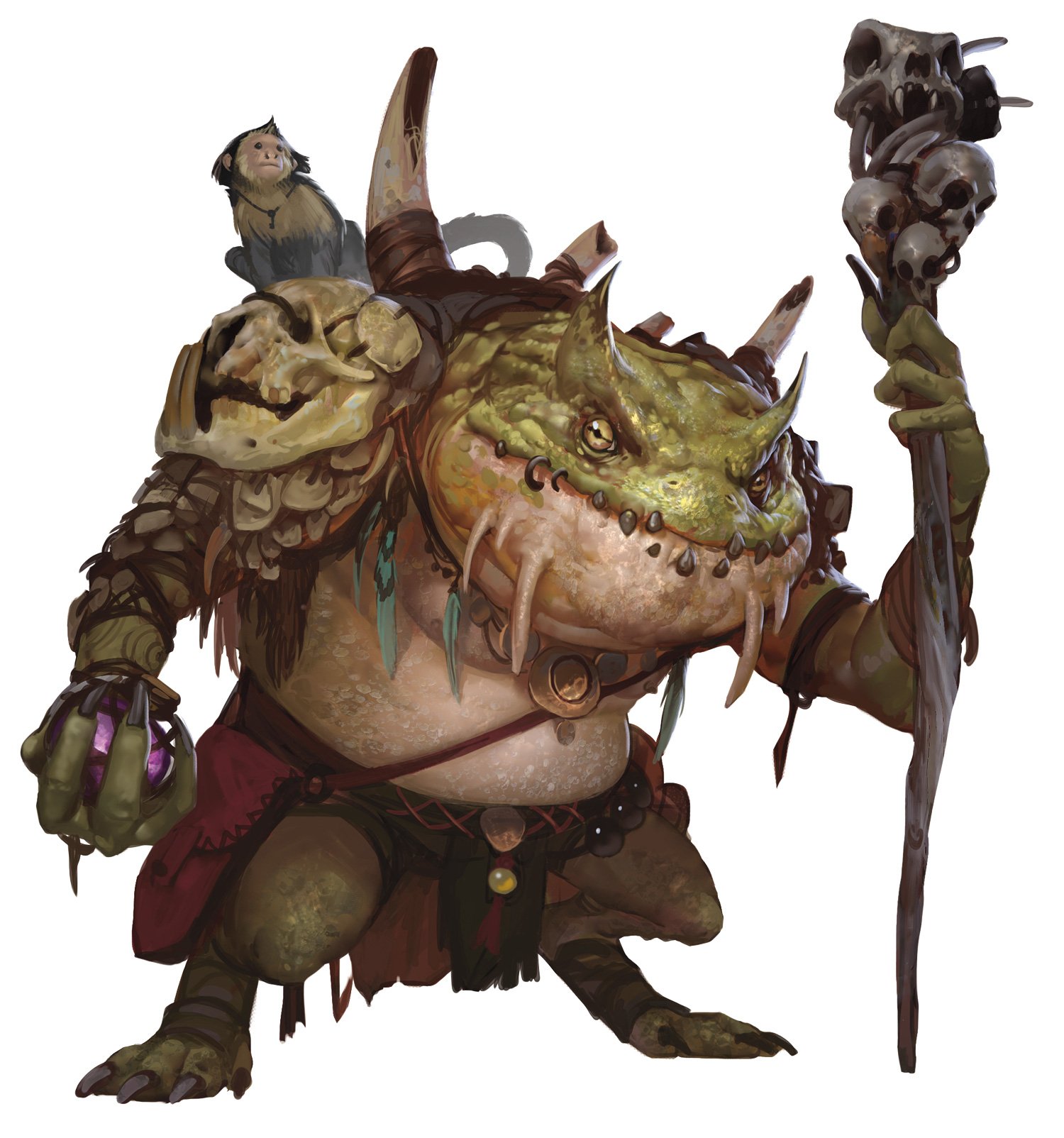 a toad-like at holds a staff of skulls witha purple gem in their hand