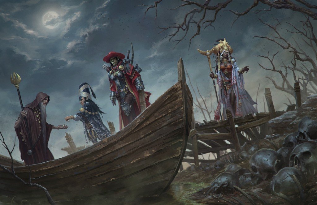an adventuring party boarding a spooky row boat