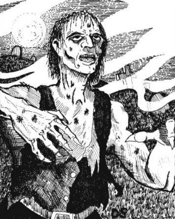 an old black and white picture of a zombie with decaying skin wearing a white shirt and black vest