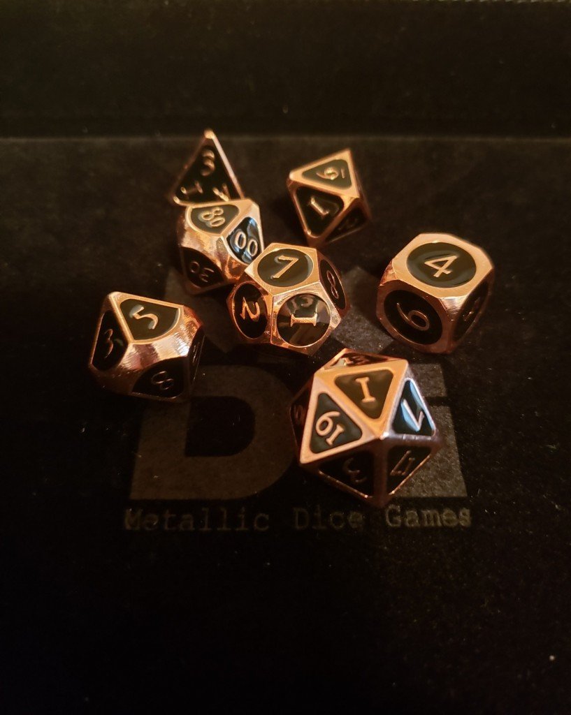 black metal dice. The numbers and accents are copper.
