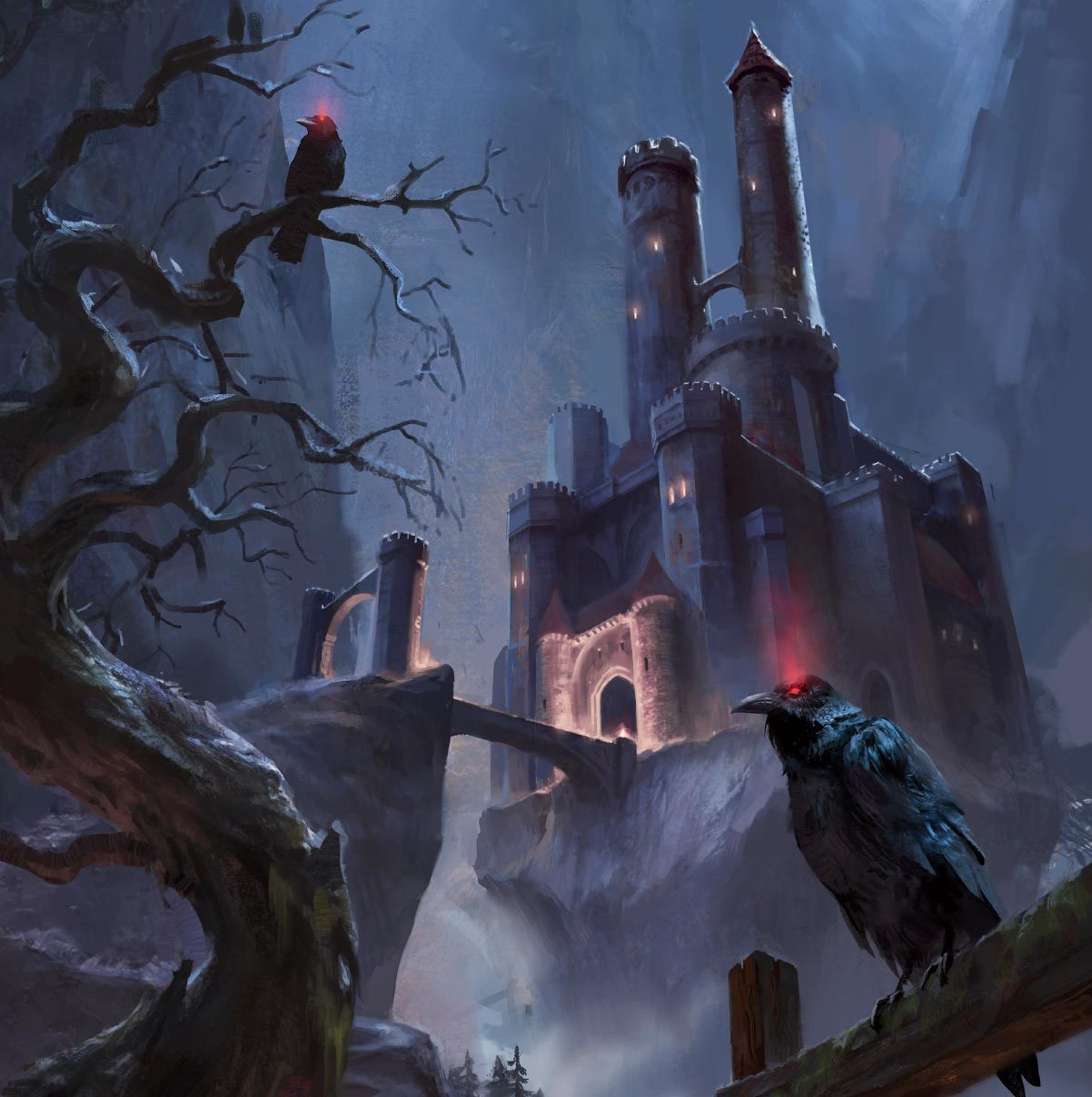 castle ravenloft is in the background of the shot with crows sitting menacingly on the branches of dead trees in the foreground