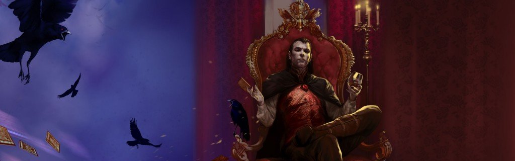 cover art for curse of strahd. the vampire lord strahd sits upon his red throne with a flock of ravens flying in the sky next to him