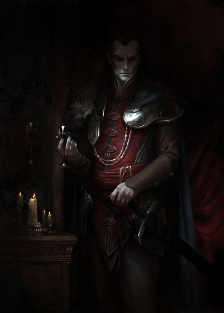picture of strahd as a human in dark-colored robes with a breastplate holding a glass of red wine