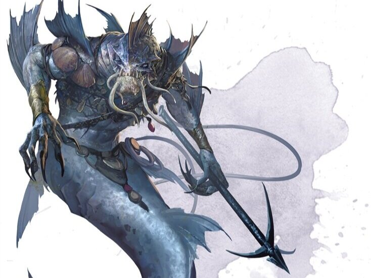 the merrow from the monster manual which is essentially a demonic merfolk. They have demonic-fishlike top-halves instead of more humanoid ones and carry a large harpoon with a chain affixed to it.