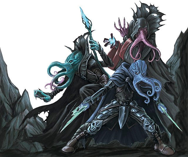 three octopus-like mind flayers stand side-by-side ready to fight. Twoa re spell casters and one is a dual-weidling melee unit