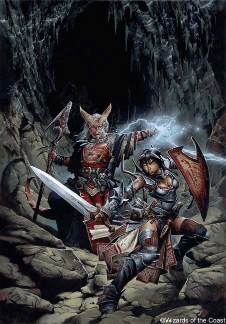 two adventurers preparing for battle in a dungeon