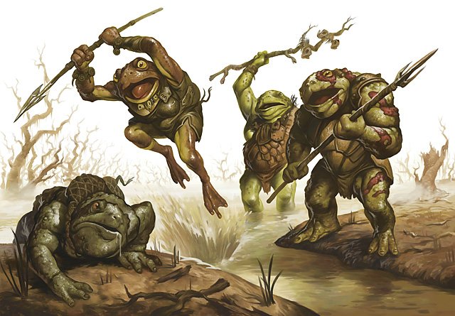 two bullywugs look on as one leaps towards an injured bullywug to deliver the finishing blow