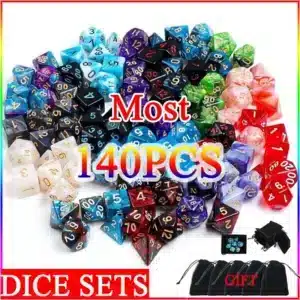 Vibrant Multicolor Polyhedral Dice Set for RPG & DND - 140/105/70/42/21 Pieces with Storage Bags